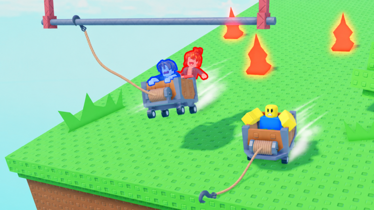 Official art: two players share one cart on the green plateau while a flame spike burns nearby