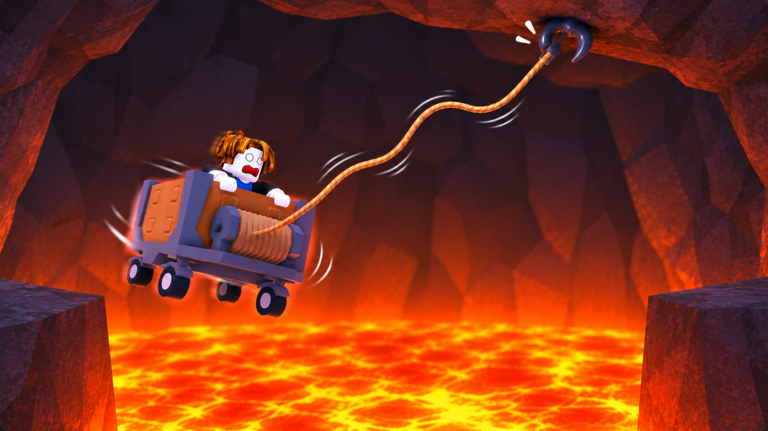 Official art: the cart swings on the grapple rope across a lava cave